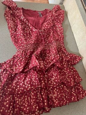 Anthropologie Red Tiered Ruffle Dress with Gold Triangle Accents size medium